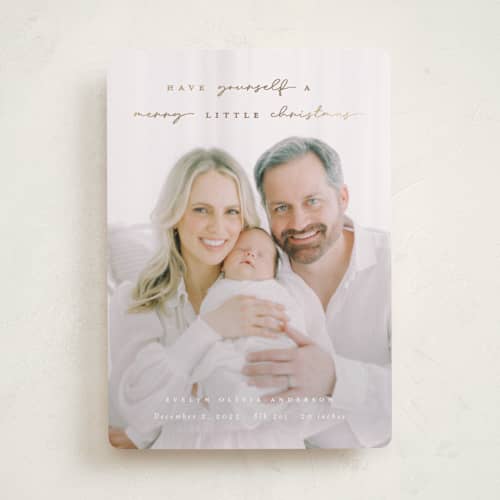 This is a snow babys first christmas with foil pressed by Hudson meet Rose called merry little christmas printing on recycled smooth signature in standard