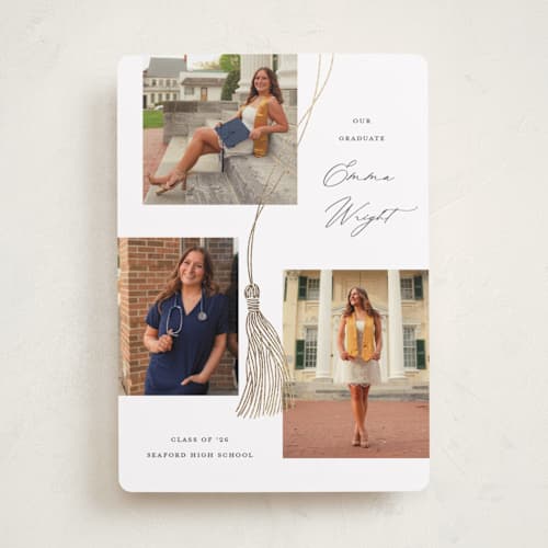 This is a cotton graduation announcements with foil pressed by Susan Zinader called tassel trio printing on recycled smooth signature in standard