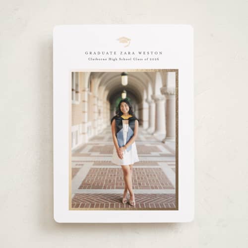 This is a cotton graduation announcements with foil pressed by Stacey Meacham called elegant frame printing on recycled smooth signature in standard