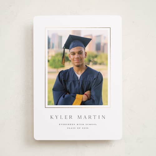 This is a snow graduation announcements with foil pressed by Sarah Curry called serif printing on recycled smooth signature in standard