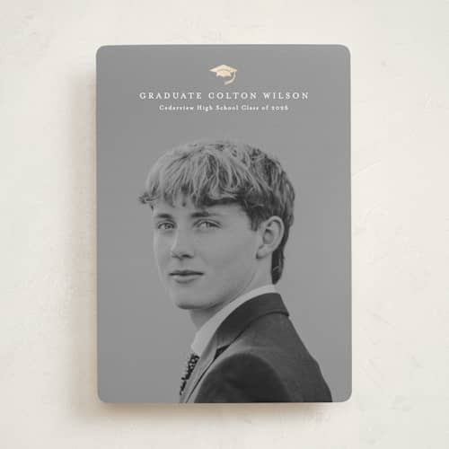 This is a golden hour graduation announcements with foil pressed by Stacey Meacham called well done printing on recycled smooth signature in standard