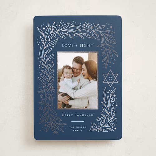 This is a midnight hanukkah cards with foil pressed by Yuliya Evseeva called star & plants printing on recycled smooth signature in standard