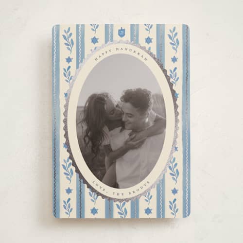 This is a glacier hanukkah cards with foil pressed by Creo Study called festive textile pattern printing on recycled smooth signature in standard