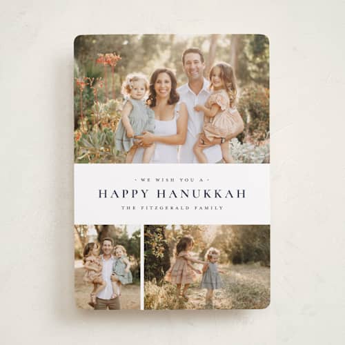 This is a navy hanukkah cards with standard by Wildfield Paper Co called quartzite printing on recycled smooth signature in standard
