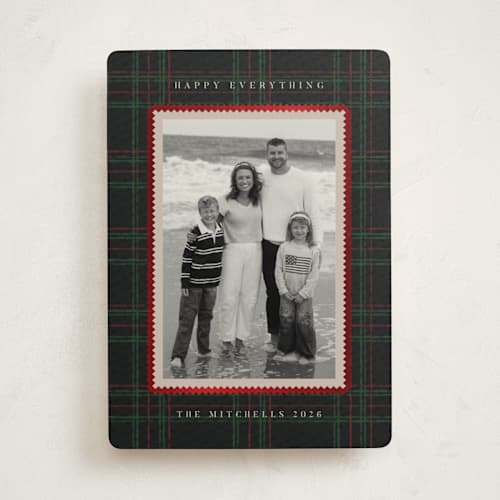This is a evergreen foil pressed holiday cards with foil pressed by Jen Owens called plaid greetings printing on recycled smooth signature in standard