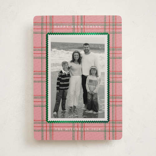 This is a cranberry foil pressed holiday cards with foil pressed by Jen Owens called plaid greetings printing on recycled smooth signature in standard