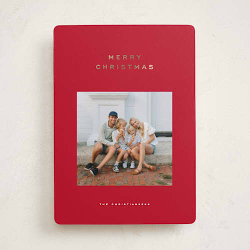 This is a santa suit foil pressed holiday cards with foil pressed by Wildfield Paper Co called cranberry printing on recycled smooth signature in standard