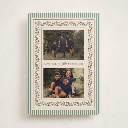 This is a juniper foil pressed holiday cards with foil pressed by Jenna Holcomb called festive vine printing on recycled smooth signature in standard