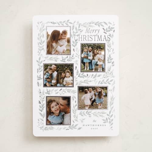 This is a snow foil pressed holiday cards with foil pressed by Rebecca Durflinger called evergreen gallery printing on recycled smooth signature in standard