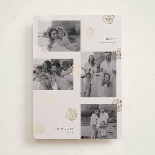 This is a vanilla foil pressed holiday cards with foil pressed by Sumak Studio called dotty dots printing on recycled smooth signature in standard