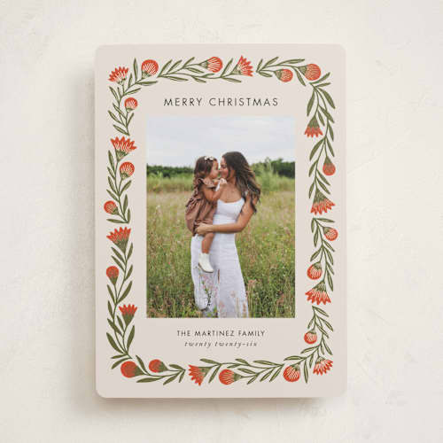 This is a candied apple foil pressed holiday cards with foil pressed by Jen Owens called wreath wrap printing on recycled smooth signature in standard