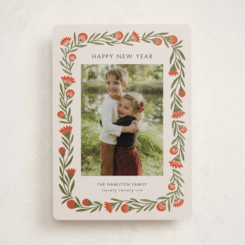 This is a candied apple foil pressed holiday cards with foil pressed by Jen Owens called wreath wrap printing on recycled smooth signature in standard