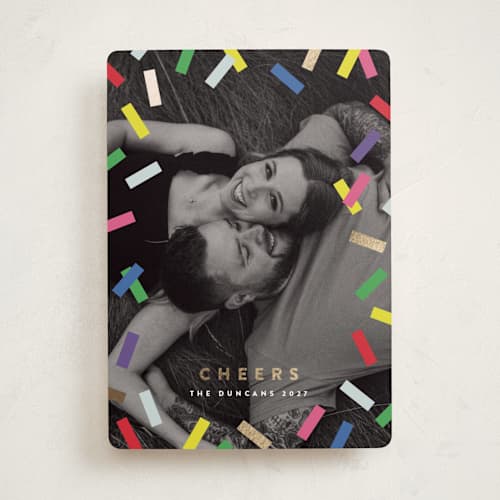 This is a candy foil pressed holiday cards with foil pressed by Maria Alou called confetti countdown printing on recycled smooth signature in standard
