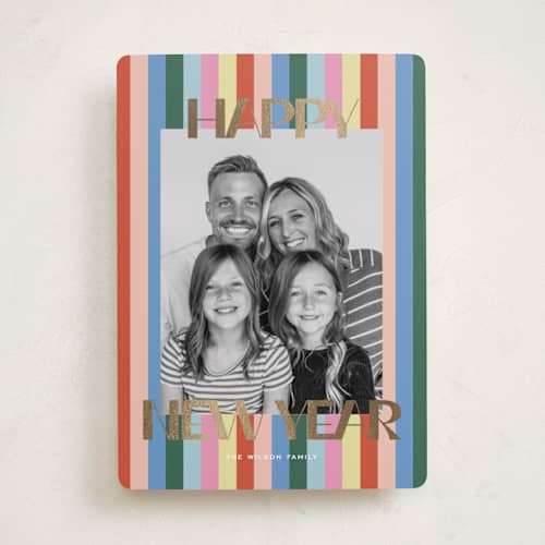 This is a candy foil pressed holiday cards with foil pressed by Kelly Watkins called happy stripe printing on recycled smooth signature in standard
