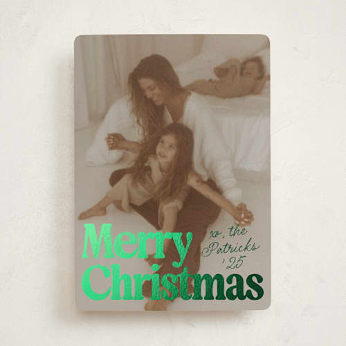 This is a evergreen foil pressed holiday cards with foil pressed by Everett Paper Goods called vintage classic printing on recycled smooth signature in standard