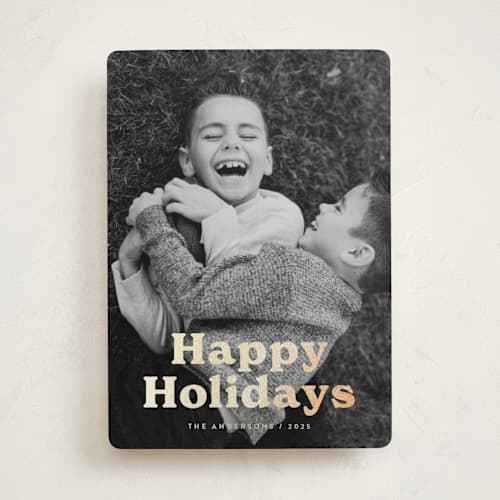 This is a eggnog foil pressed holiday cards with foil pressed by Katherine Moynagh called bold modern printing on recycled smooth signature in standard