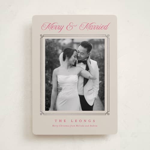 This is a magenta foil pressed holiday cards with foil pressed by Kampai Designs called silver frame printing on recycled smooth signature in standard