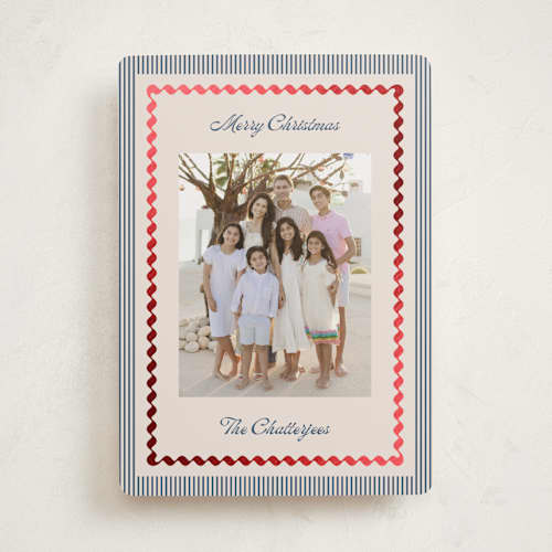 This is a navy foil pressed holiday cards with foil pressed by Kelly Schmidt called vintage border printing on recycled smooth signature in standard