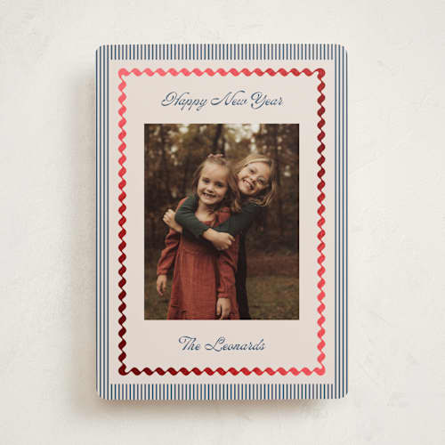 This is a navy foil pressed holiday cards with foil pressed by Kelly Schmidt called vintage border printing on recycled smooth signature in standard