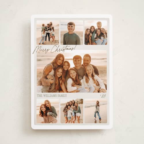 This is a snow foil pressed holiday cards with foil pressed by Robert and Stella called film collage printing on recycled smooth signature in standard