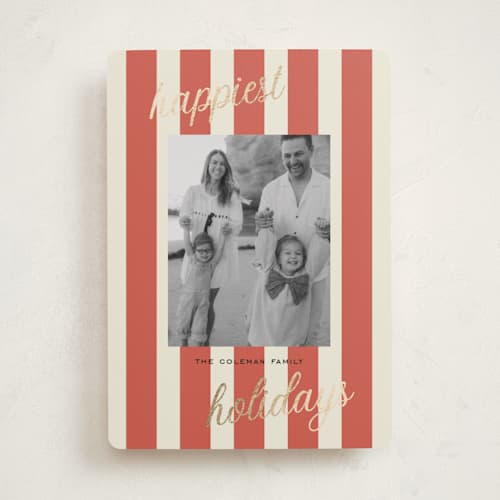 This is a berry foil pressed holiday cards with foil pressed by Louise Kay called happiest holidays printing on recycled smooth signature in standard