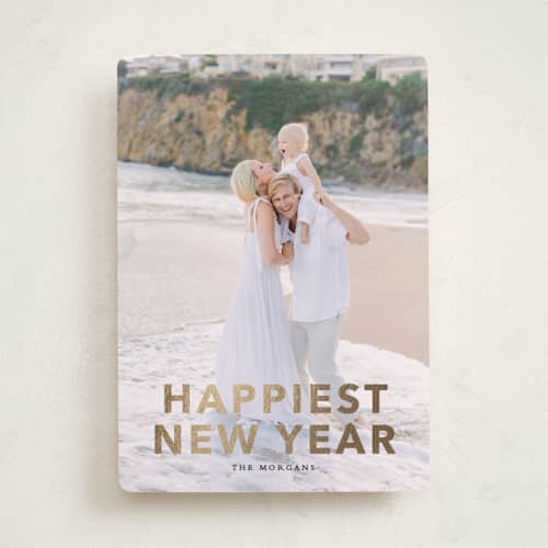 This is a ink foil pressed holiday cards with foil pressed by Angela Thompson called gilded happiness printing on recycled smooth signature in standard