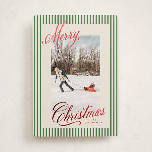This is a forest foil pressed holiday cards with foil pressed by Karidy Walker called script and stripes printing on recycled smooth signature in standard