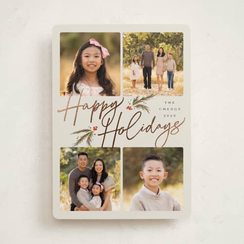 This is a cream foil pressed holiday cards with foil pressed by Robert and Stella called devon printing on recycled smooth signature in standard