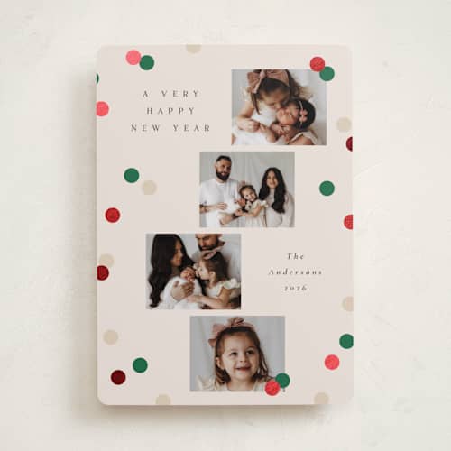 This is a ivory foil pressed holiday cards with foil pressed by Katie Zimpel called vintage confetti printing on recycled smooth signature in standard