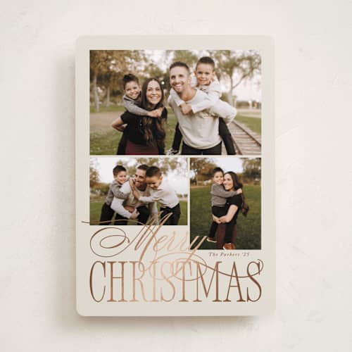 This is a sourdough foil pressed holiday cards with foil pressed by Brianne Larsen called elegant three printing on recycled smooth signature in standard