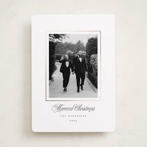 This is a snow foil pressed holiday cards with foil pressed by Brandy Folse called classic gold frame printing on recycled smooth signature in standard