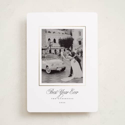 This is a snow foil pressed holiday cards with foil pressed by Brandy Folse called classic gold frame printing on recycled smooth signature in standard