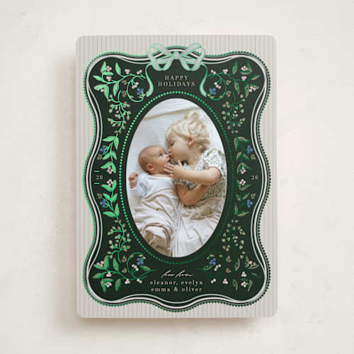 This is a verdant foil pressed holiday cards with foil pressed by Ana de Sousa called waves of greenery printing on recycled smooth signature in standard