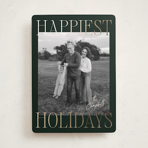 This is a evergreen foil pressed holiday cards with foil pressed by Ekko Studio called glam greeting printing on recycled smooth signature in standard
