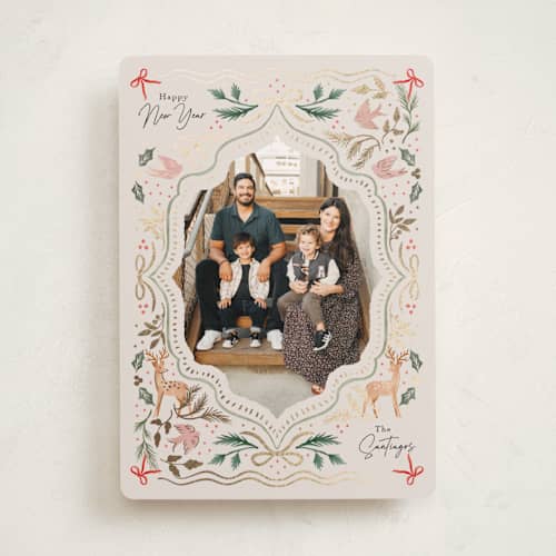 This is a pastel foil pressed holiday cards with foil pressed by Elly called flourish ornament printing on recycled smooth signature in standard