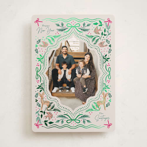 This is a juniper foil pressed holiday cards with foil pressed by Elly called flourish ornament printing on recycled smooth signature in standard