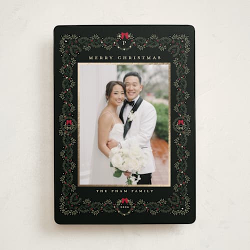 This is a holly berry foil pressed holiday cards with foil pressed by Susan Moyal called detailed printing on recycled smooth signature in standard