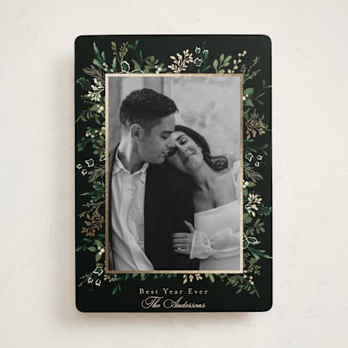 This is a wreath foil pressed holiday cards with foil pressed by Susan Moyal called framed botanicals printing on recycled smooth signature in standard