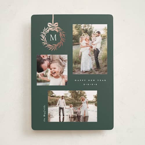 This is a evergreen foil pressed holiday cards with foil pressed by Melanie Kosuge called monogram trio printing on recycled smooth signature in standard