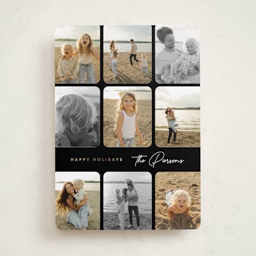 This is a licorice foil pressed holiday cards with foil pressed by Corinne Malesic called photo montage printing on recycled smooth signature in standard