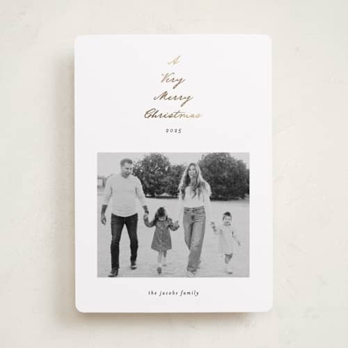 This is a snow foil pressed holiday cards with foil pressed by Ashley Iwafuchi called scripted tree printing on recycled smooth signature in standard