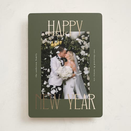 This is a juniper foil pressed holiday cards with foil pressed by Kelly Watkins called maeve printing on recycled smooth signature in standard