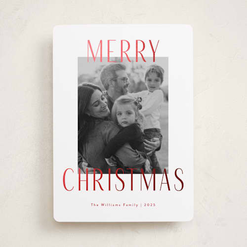 This is a peppermint foil pressed holiday cards with foil pressed by Kacey Kendrick Wagner called merry statement printing on recycled smooth signature in standard