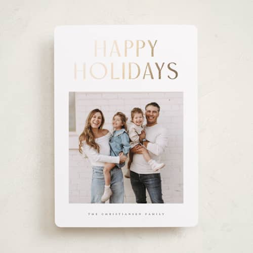 This is a sugar foil pressed holiday cards with foil pressed by Wildfield Paper Co called slate printing on recycled smooth signature in standard