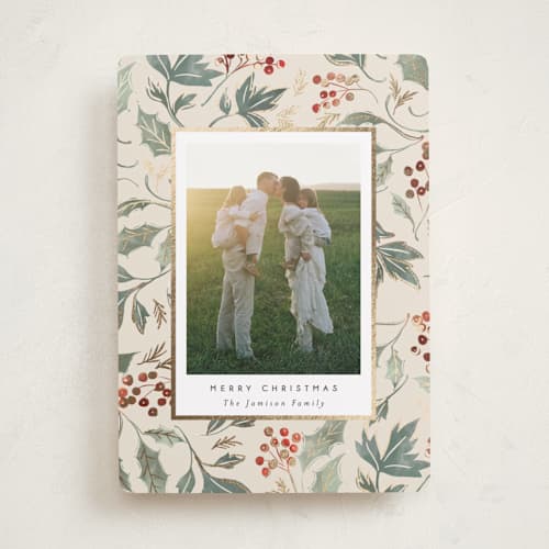 This is a vanilla foil pressed holiday cards with foil pressed by Rebecca Durflinger called christmas wrapping printing on recycled smooth signature in standard
