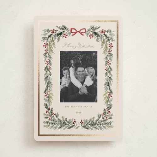 This is a pear foil pressed holiday cards with foil pressed by Rina Ozum called classic pine garland printing on recycled smooth signature in standard