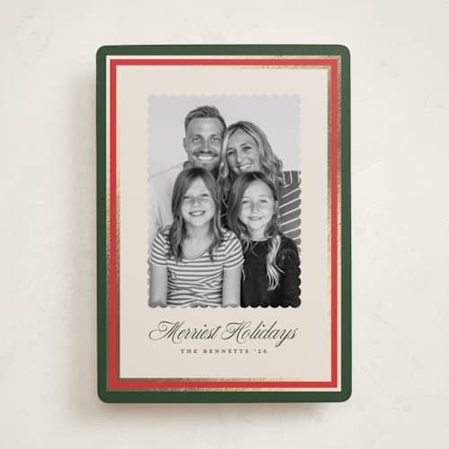This is a spruce foil pressed holiday cards with foil pressed by Erica Krystek called festive frame printing on recycled smooth signature in standard