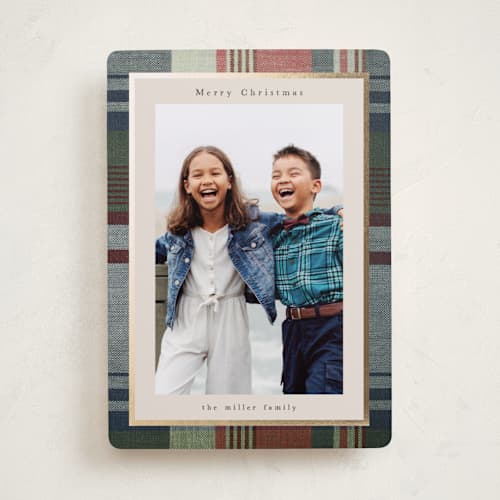 This is a sea foil pressed holiday cards with foil pressed by Nicole Walsh called heritage plaid printing on recycled smooth signature in standard