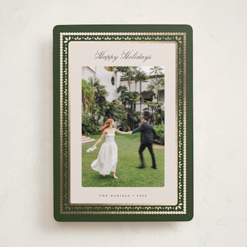 This is a evergreen foil pressed holiday cards with foil pressed by Melanie Kosuge called waverly printing on recycled smooth signature in standard