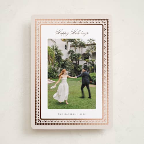 This is a vanilla foil pressed holiday cards with foil pressed by Melanie Kosuge called waverly printing on recycled smooth signature in standard